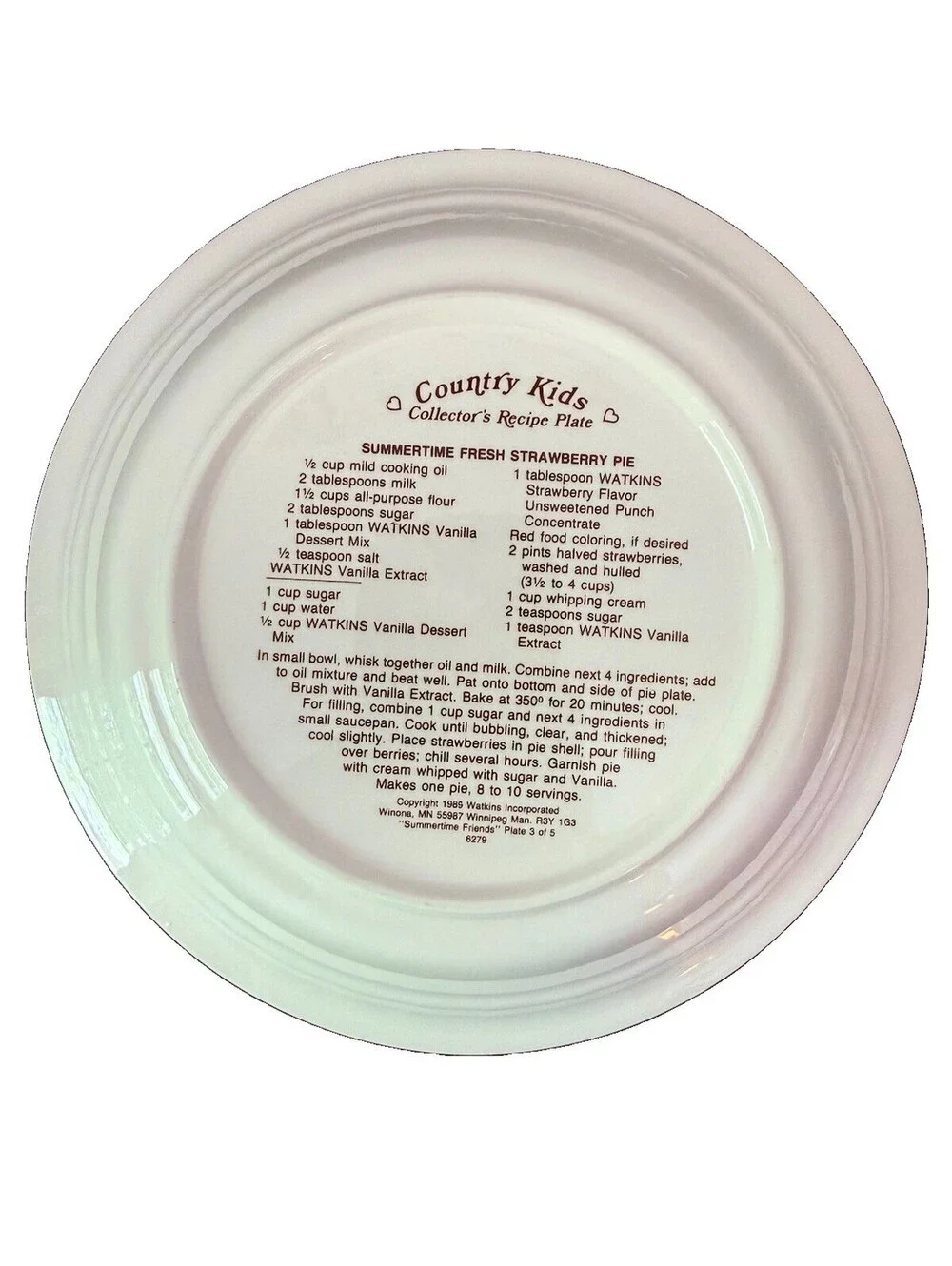 Watkins Country Kids Pie Plate Summertime Strawberry Pie Recipe 1989 Vintage